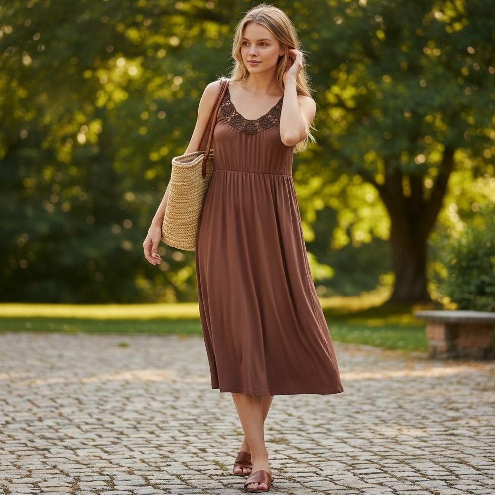 Max & Cleo Woman's L Brown Crochet Lace Neckline Empire Waist Dress Cottagecore